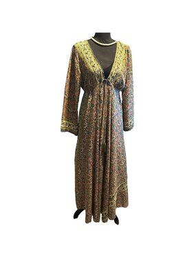 Zury Bohemian Paisley Maxi Dress V Neck Tie Waist Free High Low Long Sleeve Silk